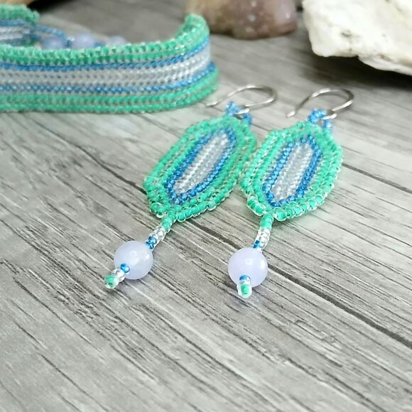 Aquamarine Gemstone Beaded Bracelet & Earring Set, Seed Bead Jewelry - Picture 3 of 7